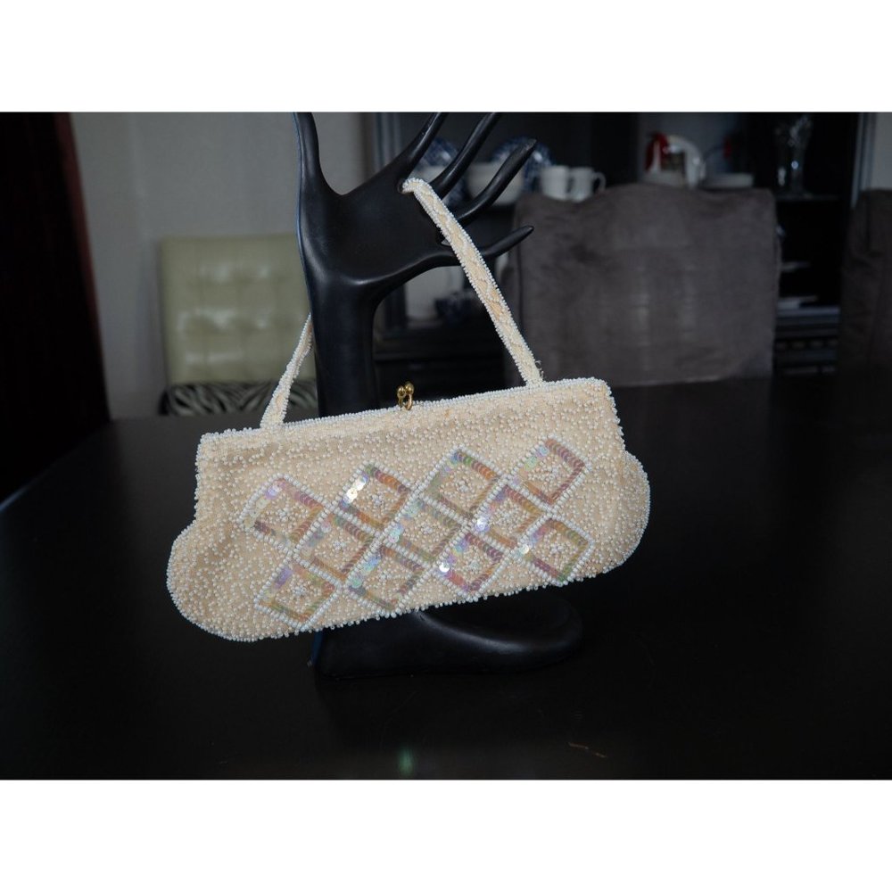 Vintage SAKS Fifth Ave Beaded Evening Bag Off White Beaded Clutch Purse, Wedding